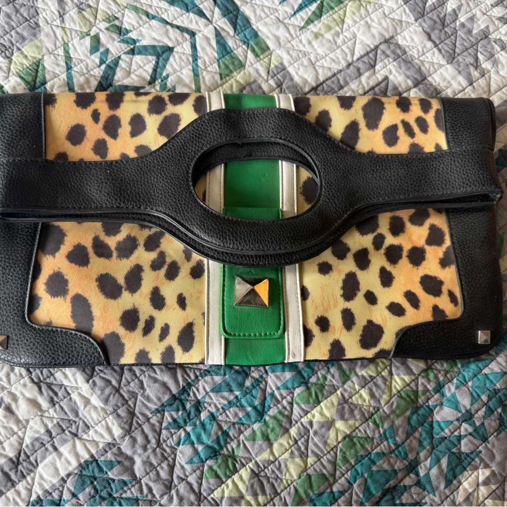 Leopard Print Clutch with Green Accent and Black Trim